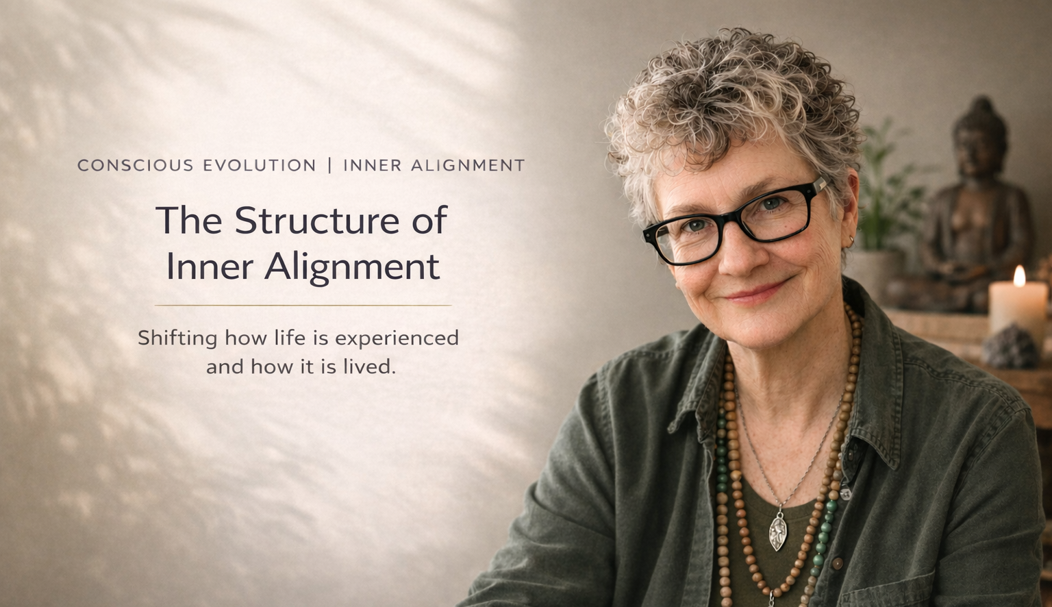 Melinda Gaye Johnston in her office with text about conscious evolution and inner alignment.
