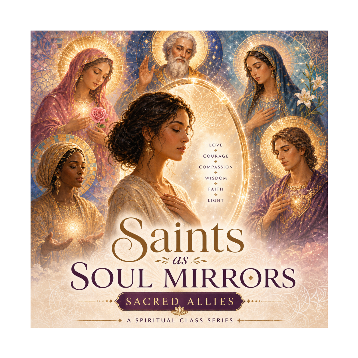 image of woman surrounded by saints and sacred allies.